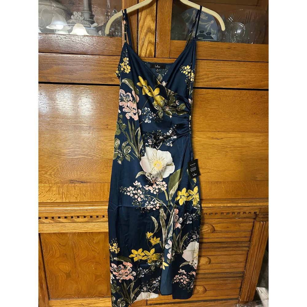 Lulus Blue Floral Satin Midi Dress XS NWT Surplice Ruched Slit Wedding Guest